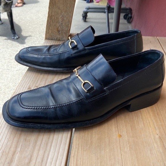 GUCCI 10D Black Leather W/Gold Horse-bit Square Toe Loafers - Picture 1 of 6